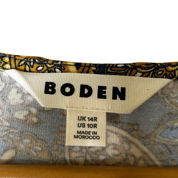 Boden Dress Size 10 Jersey Paisley Blue‎ Gold Waist Tie Preppy Minimalist - Picture 5 of 8